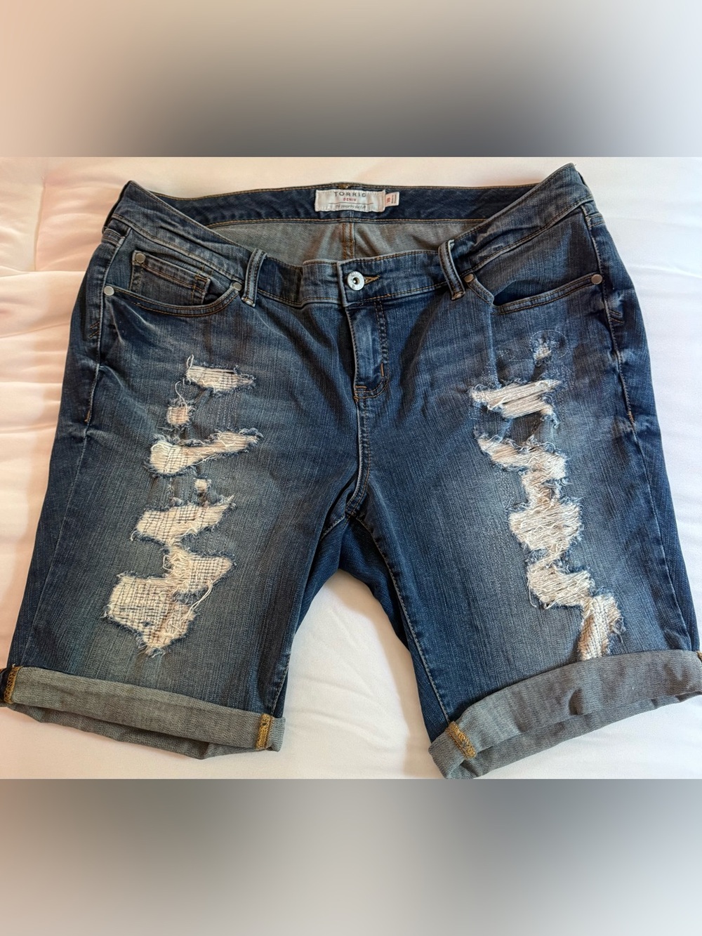Torrid Distressed Dark Blue Rolled Cuff Denim Shorts